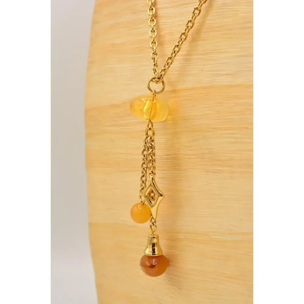 Givenchy 1980s Cabochon Charm Beaded Tassel Necklace Gold Signed Vintage BinR